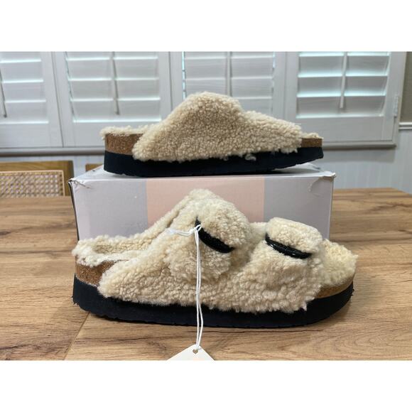 Papillio Arizona Big Buckle Shearling Lamb Slide Sandals Teddy Eggshell 10 L NIB - Picture 2 of 13